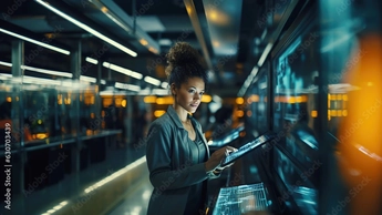 She is using tablet in data storage area