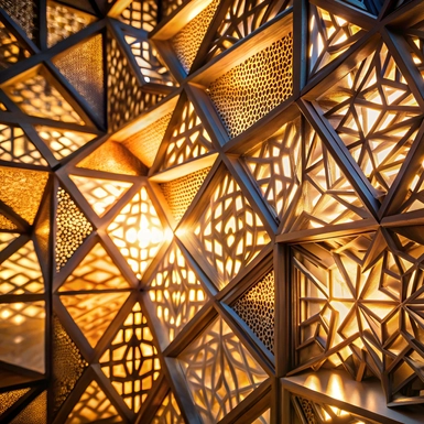 A large, intricate design made of wood with many small holes. The design is illuminated by light, creating a warm and inviting atmosphere. Scene is one of elegance and sophistication