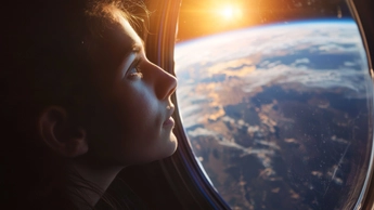 person looking out window to see Earth below