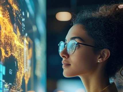 AI-Driven Travel Itinerary Planning in Modern Office Setting with Interactive Screen Display