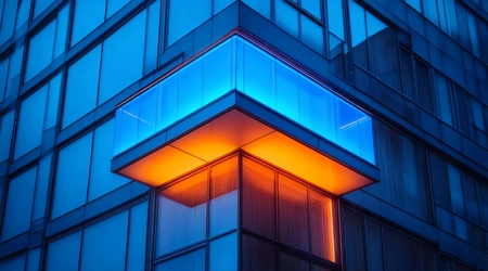 balcony on building lit from below