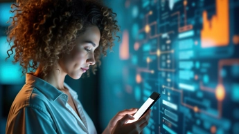 Woman uses mobile phone to get info about future employment from chatbot. Tech screen displays futuristic info, data. Modern tech support available online. Woman analyses future of work, job market.