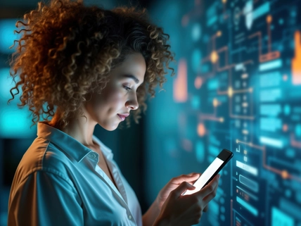 Woman uses mobile phone to get info about future employment from chatbot. Tech screen displays futuristic info, data. Modern tech support available online. Woman analyses future of work, job market.