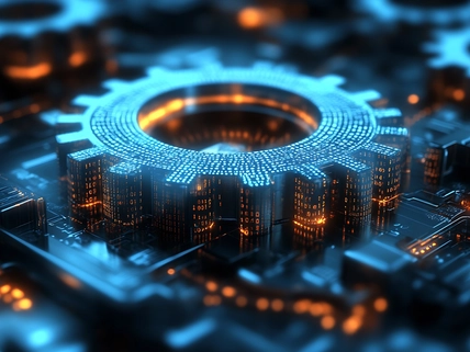 Futuristic glowing gears and digital circuits depicting advanced technology in a blue and orange color scheme : Generative AI