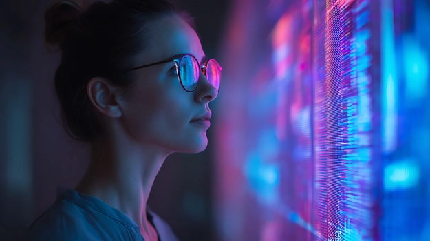 woman looking at digital screen of data