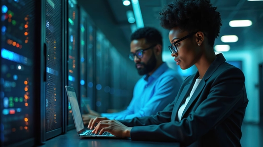 two colleagues working in server room