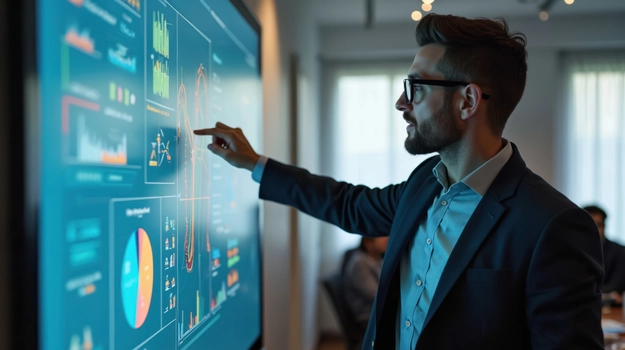 Business man in formal suit points chart data on digital interactive whiteboard screen during business presentation meeting. Speaker explains financial market analytics.