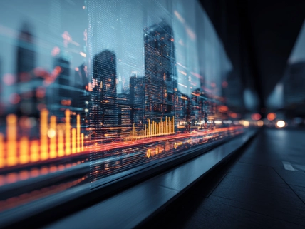 A futuristic financial graph overlayed on a cityscape at night, symbolizing data and progress in an urban setting.