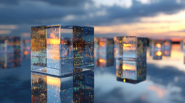 A transparent cube with light reflections, sitting on a reflective surface, against a blurred sunset and sky background.