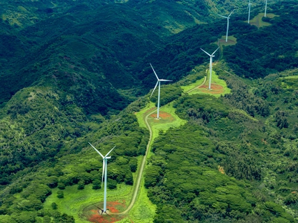 Aerial photo of white windmills in a line on green land leading off into the horizon.
