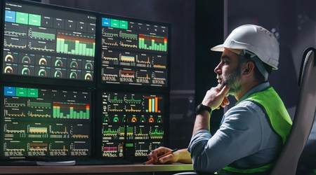 manufacturing employee looking at screens of data