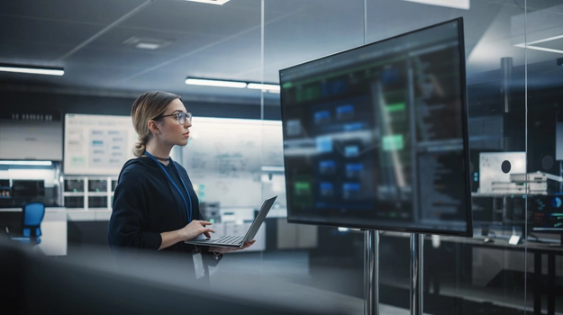woman working in room of monitors