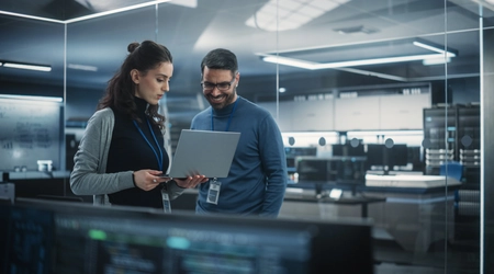 two colleagues working with laptop