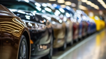 A close - up shot of a line of newly manufactured cars in a factory, showcasing their sleek and shiny exteriors.