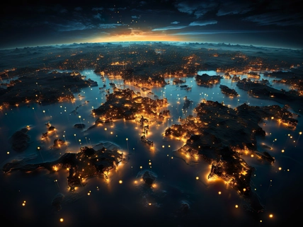 overhead view of land masses with lights