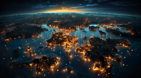 overhead view of land masses with lights