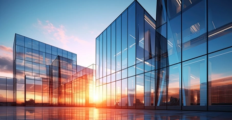 Modern glass buildings reflecting a colorful sunset, with a clear sky and streaks of clouds in the background.