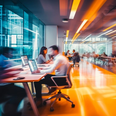 group of people working in office setting with image in motion