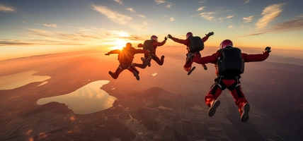 four people skydiving at sunset