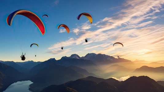 paragliding adventure flying with friends by the lake on mountain background at sunset 