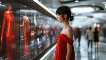 woman in red dress looking at screen of other red dresses
