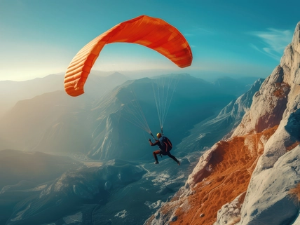 Photo of a man with a parachute on a mountain landscape background