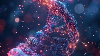 Abstract DNA spiral, neon pink and blue glowing particles background