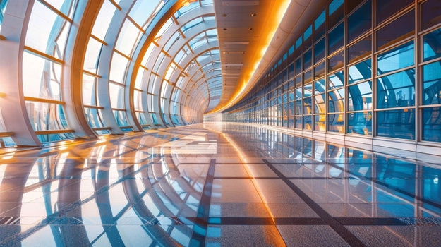 lit up glass hallway