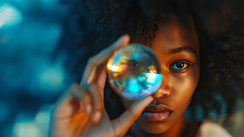 A woman holding a glass ball in front of her face, A counselor holding a kaleidoscope, reflecting the diverse emotions and experiences of students