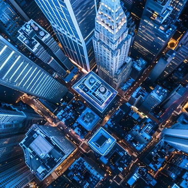 overhead shot of city center and tops of buildings