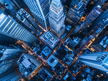 overhead shot of city center and tops of buildings
