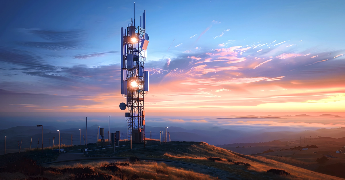 A modern cell tower with several dishes and antennas against the backdrop of blue sky at sunset. A telecommunication structure, with an aerial tower made from steel beams and metal plates.