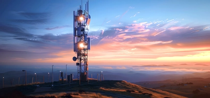 A modern cell tower with several dishes and antennas against the backdrop of blue sky at sunset. A telecommunication structure