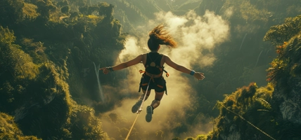 person bungie jumping above clouds and hills