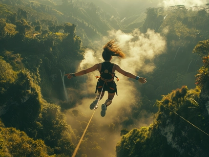 person bungie jumping above clouds and hills