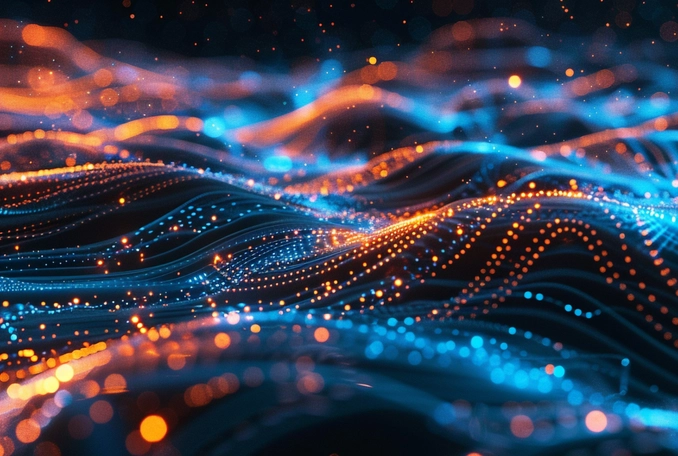 colorful waves of glowing dots in blue and orange
