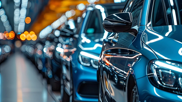 A modern car factory's assembly line, showcasing a series of blue cars being assembled with precision and high-tech automation, reflecting efficiency. 