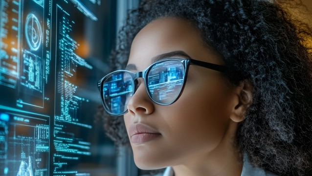 Female Scientist Analyzes Data on Transparent Digital Interface, Science Technology Concept