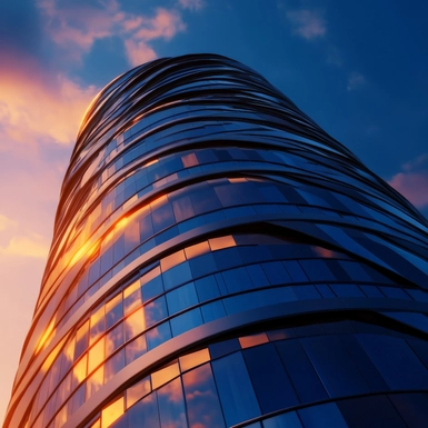 Modern glass skyscraper reflecting beautiful sunset skies with dynamic cloud formations in urban cityscape architecture.