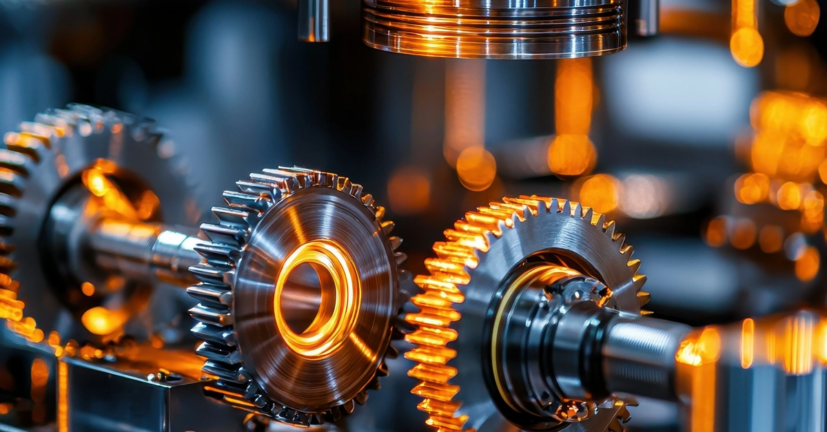 Close-up of metallic gears with an orange glow, highlighting precision engineering.