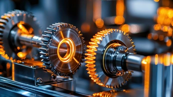 Close-up of metallic gears with an orange glow, highlighting precision engineering.