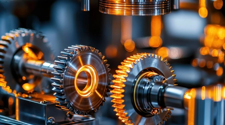 Close-up of metallic gears with an orange glow, highlighting precision engineering.