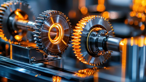 Close-up of metallic gears with an orange glow, highlighting precision engineering.