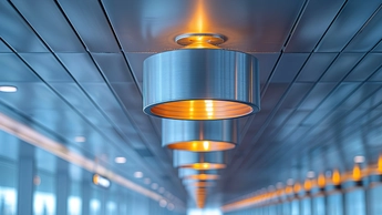 A series of lighted fixtures are suspended from the ceiling in a large hallway