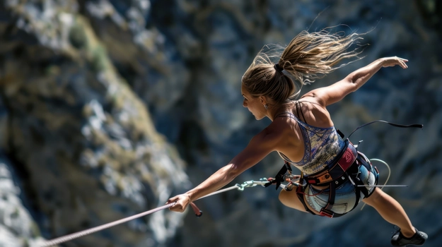 Woman in bungee jumping recreation adventure outdoors