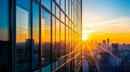 Sunrise Through Glass Windows of Skyscraper Building in City