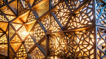 A large, intricate design made of wood with many small holes. The design is illuminated by light, creating a warm and inviting atmosphere. Scene is one of elegance and sophistication