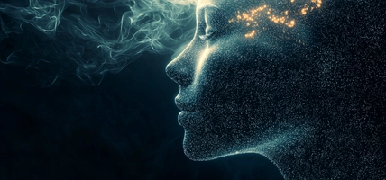 A digital representation of a human profile with glowing particles radiating from the face