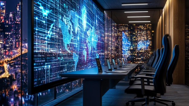 Modern control room with large digital screens displaying global data and maps, illuminated by city lights.