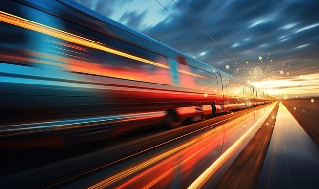 train moving fast in orange and yellow lights